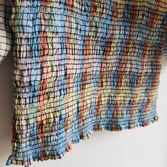 GANNI Shirred Puff Sleeve Seersucker Top in Pastel Check - US 4 (S) - Picture 4 of 16